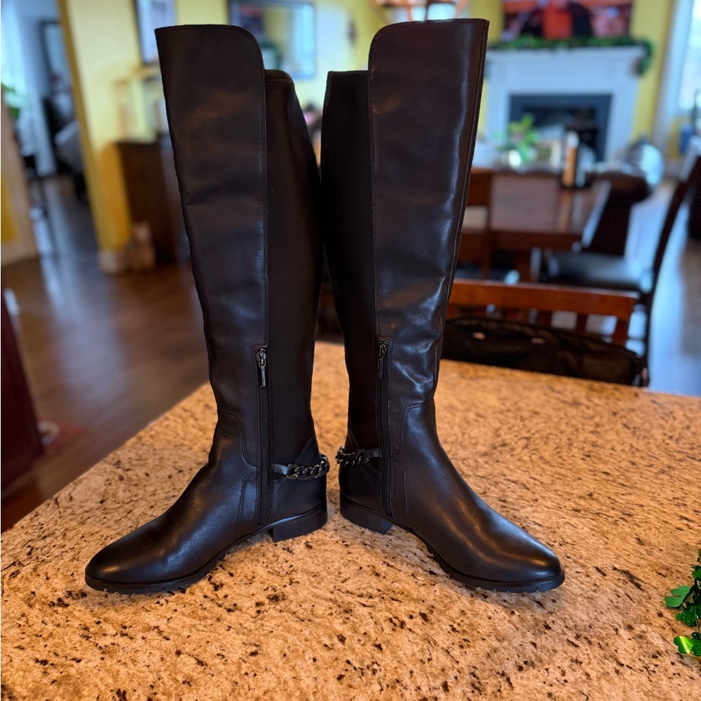 NWT Karl Lagerfeld Black Over-the-Knee Leather Boots with Chain Detail - Picture 9 of 10